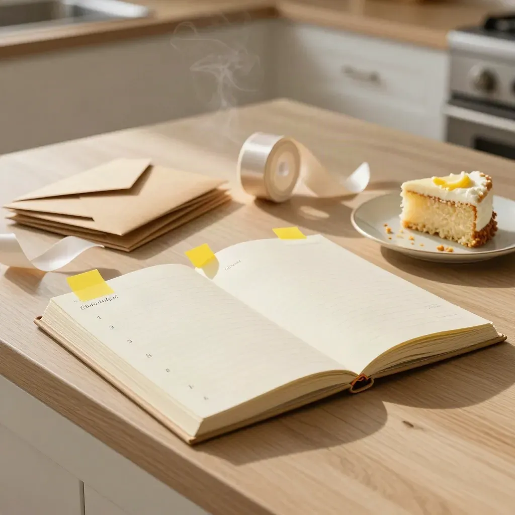 Planningstafel met agenda, stickertabs, taartproef, enveloppen en lintrollen in zacht licht.