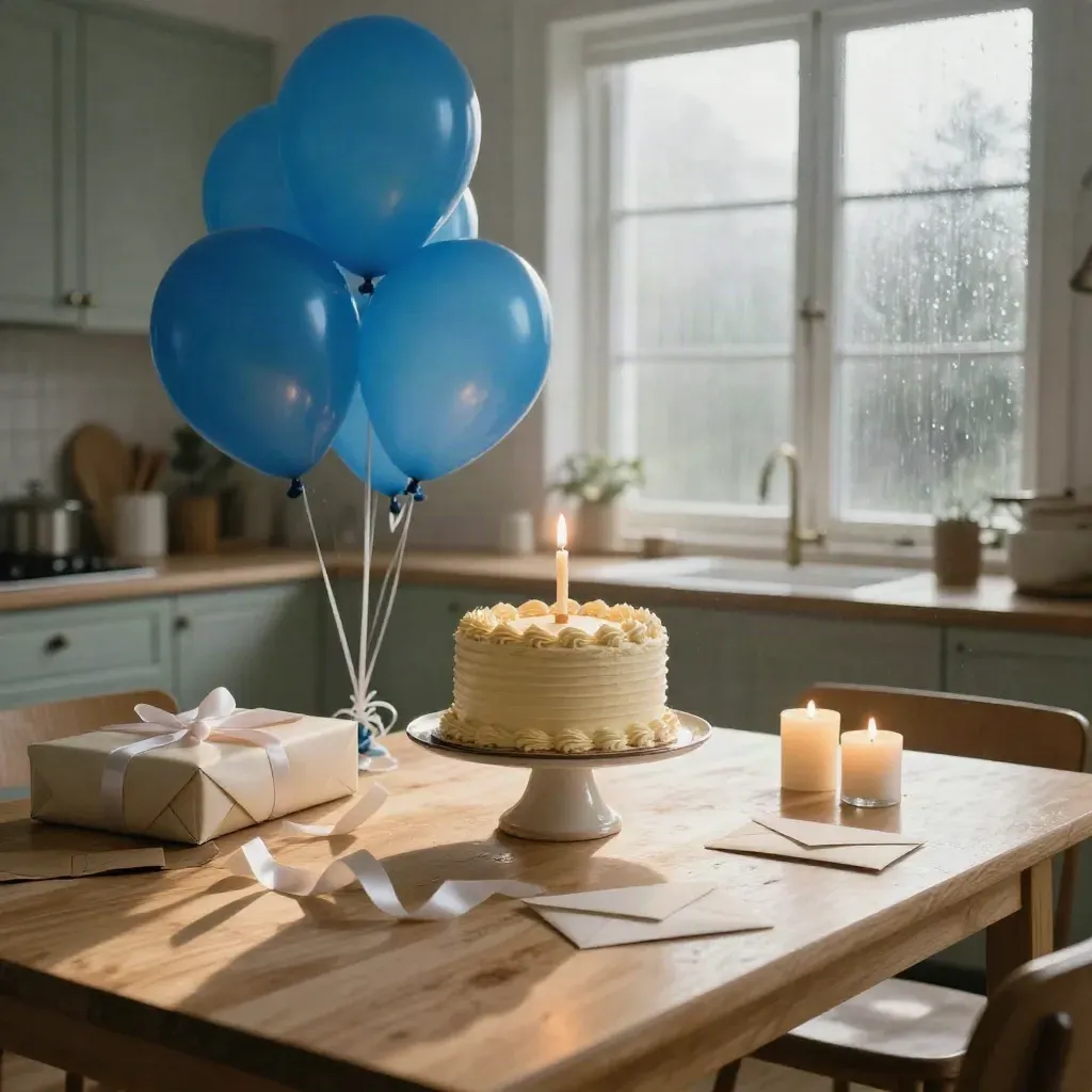 Verjaardagstafel met taart, ballonnen, cadeaus en slingers in zacht ochtendlicht na regen.