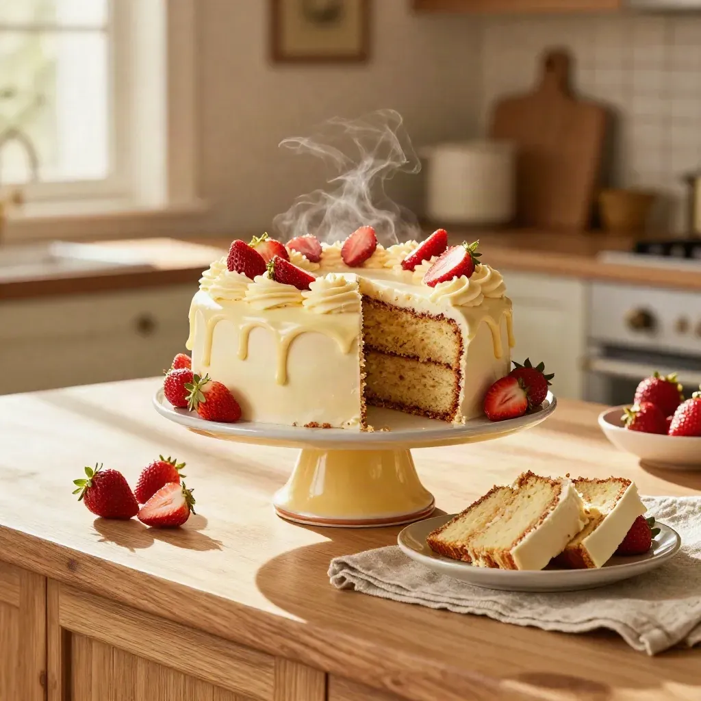 Aangesneden dripcake op taartplateau met aardbeien en stukken, warm gefotografeerd.