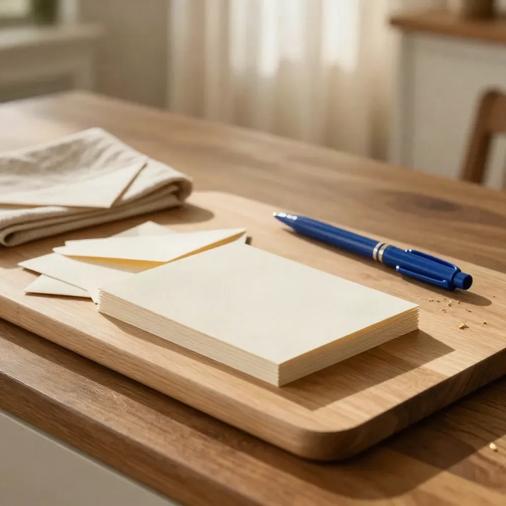 Stapel verjaardagskaartjes, enveloppen en een cobalt pen op een houten snijplank in warm licht.