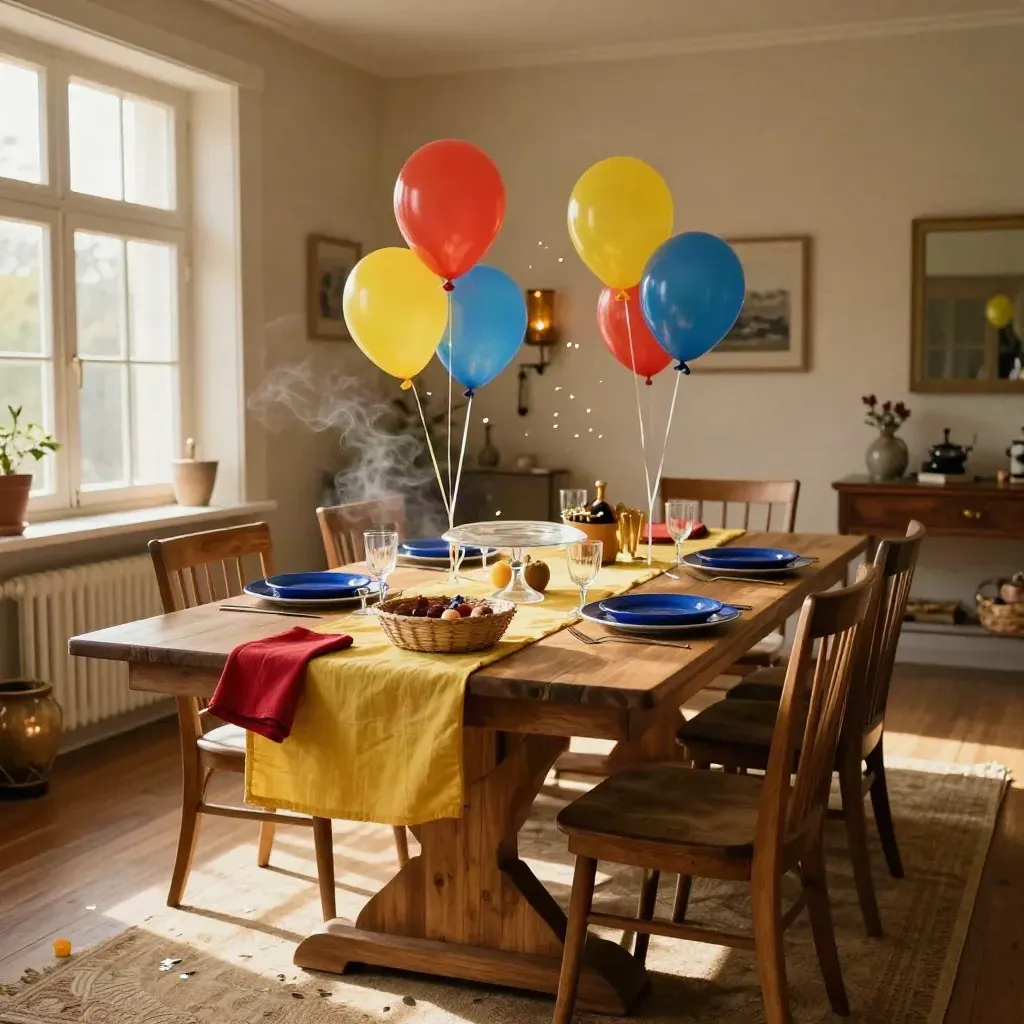 Feesttafel met rood, geel en blauw gedekte decoratie en ballonnen in een warme woonkamer.