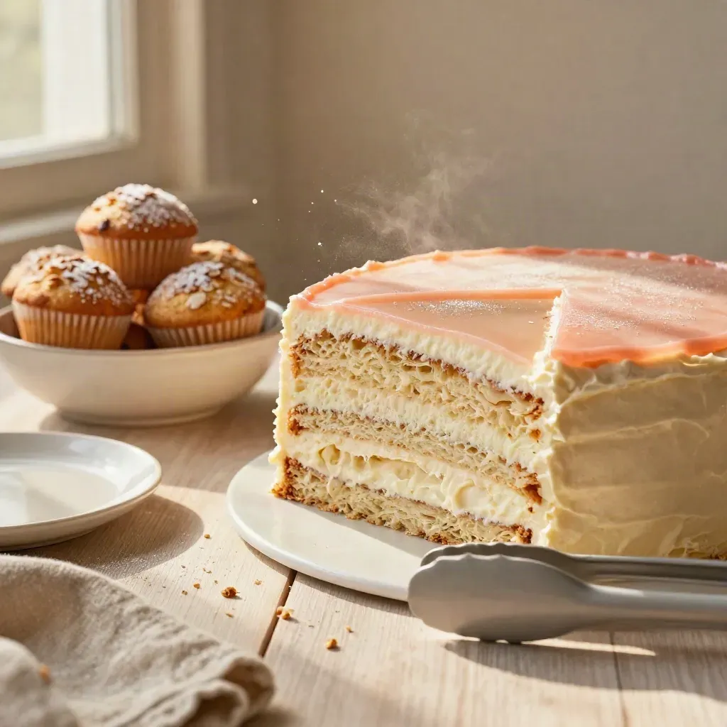Aangesneden cake, mini-muffins en keramische tang op licht houten blad.